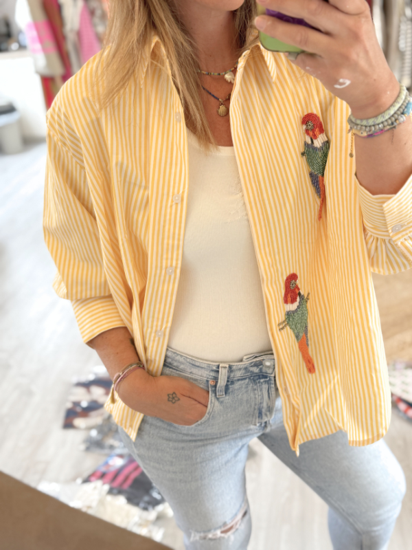 Chemise Jaune Broderie Perles Perroquets