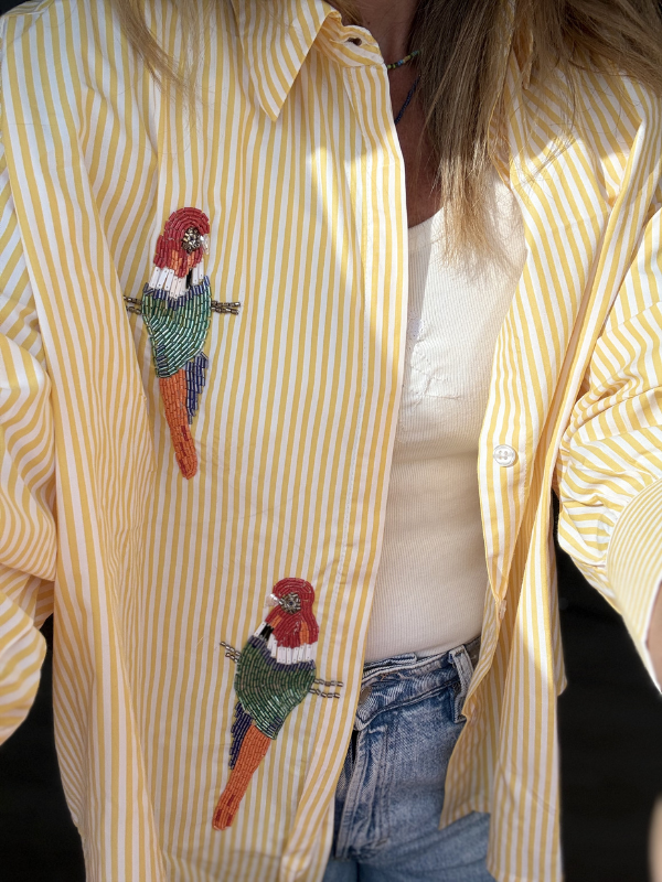 Chemise Jaune Broderie Perles Perroquets