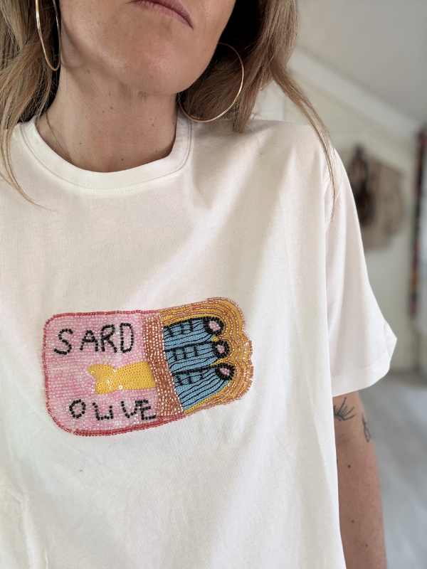 T-shirt blanc avec broderie et perles SARDINES