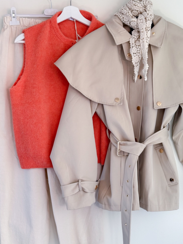 Trench-Coat beige court - Grand col amovible