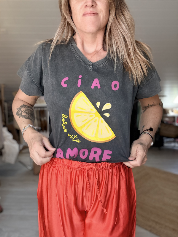 T-shirt noir moucheté col en V CIAO AMORE