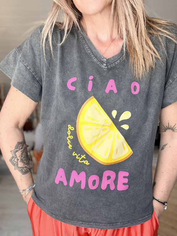 T-shirt noir moucheté col en V CIAO AMORE