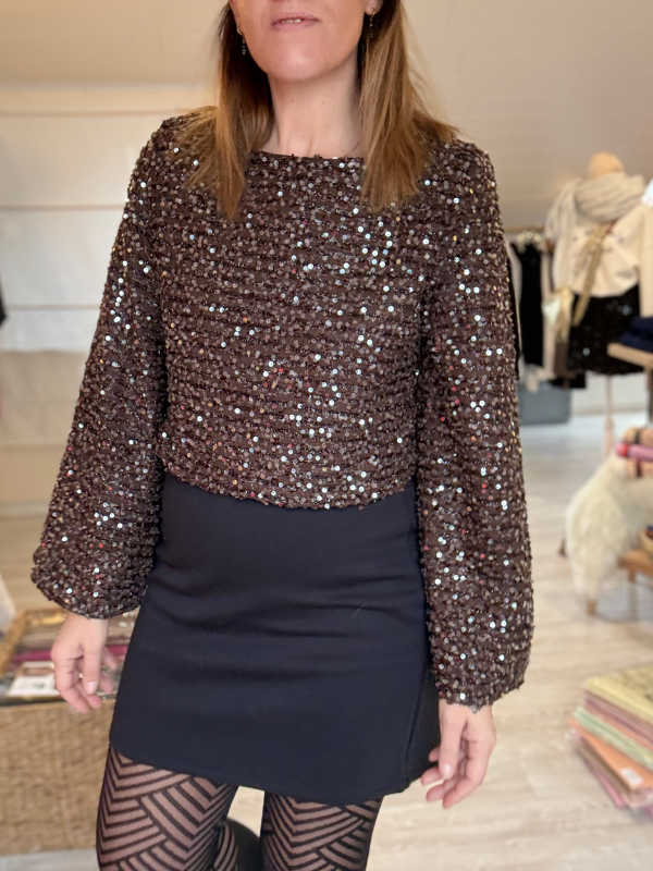 Top à sequins marron – manches longues