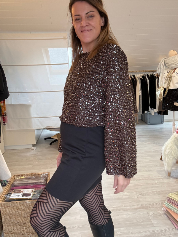 Top à sequins marron – manches longues
