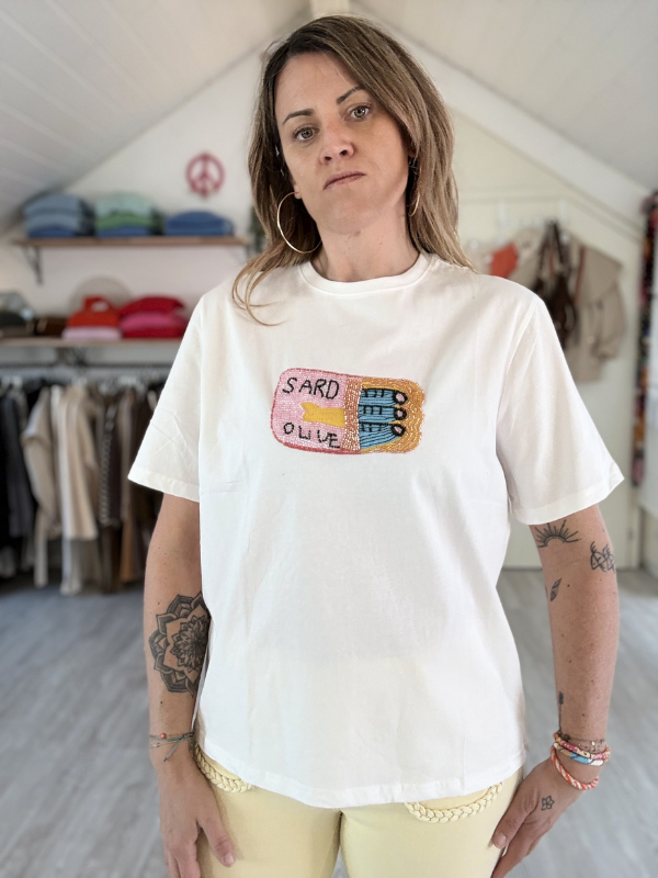 T-shirt blanc avec broderie et perles SARDINES