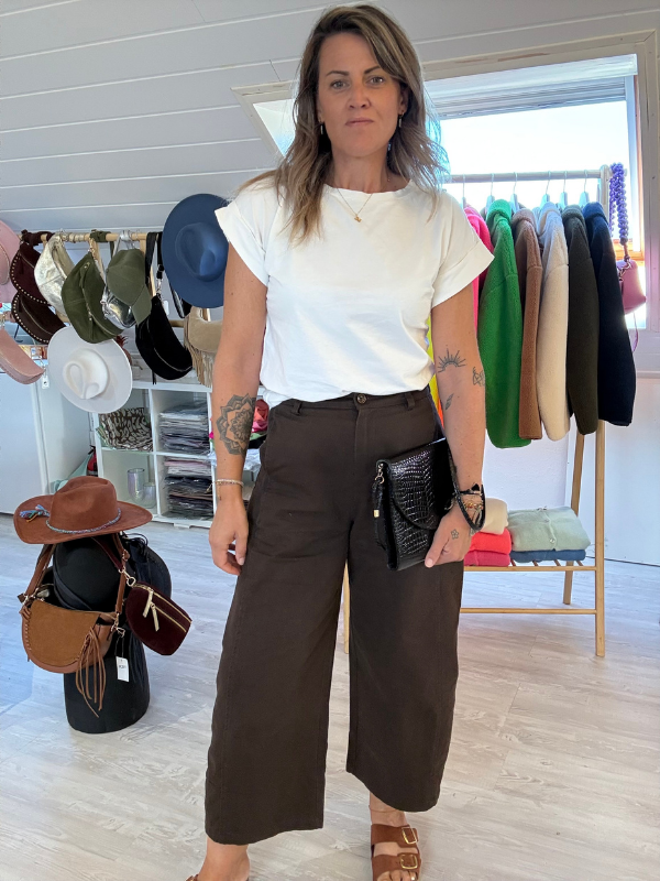 Pantalon coupe barrel en toile de coton - chocolat