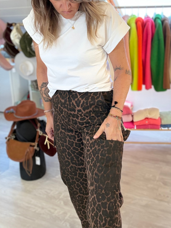 Pantalon cargo coupe barrel en toile de coton - Léopard