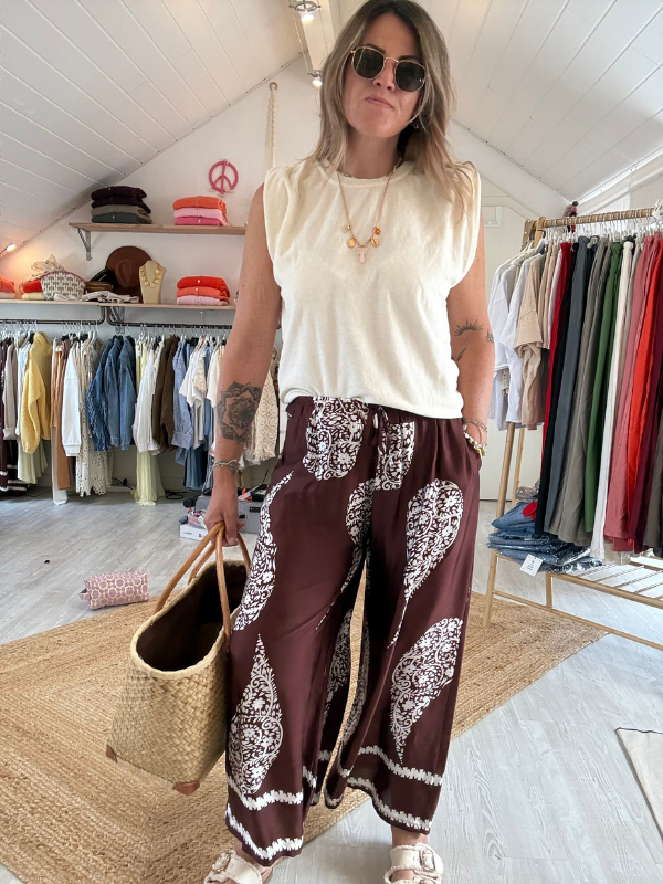 Pantalon marron fluide à motifs - viscose et soie
